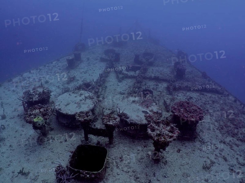 A ship deck covered with coral lies in the sea, dive site wreck of the USS Spiegel Grove, John Pennekamp Coral Reef State Park, Key Largo, Florida Keys, Florida