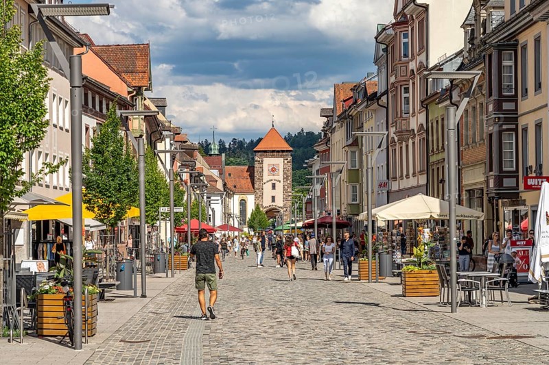 Bickenstrasse pedestrian zone and the Bicken Gate in Villingen-Schwenningen, Black Forest, Baden-Württemberg, Germany, Europe