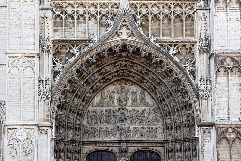 Cathedral of Our Lady, Onze-Lieve-Vrouwekathedraal, detailed view of the richly decorated main portal, Gothic, UNESCO World Heritage Site, Antwerp, Belgium, Europe