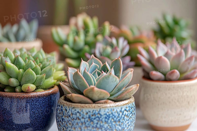 Different small succulent house plants in flower post. Generative AI, AI generated