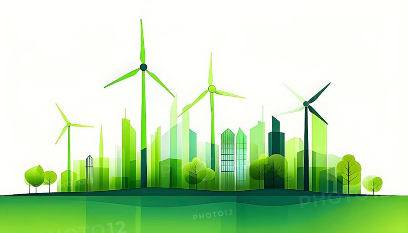 Abstract visual illustration of a city skyline where buildings morph into wind turbines and trees, AI generated