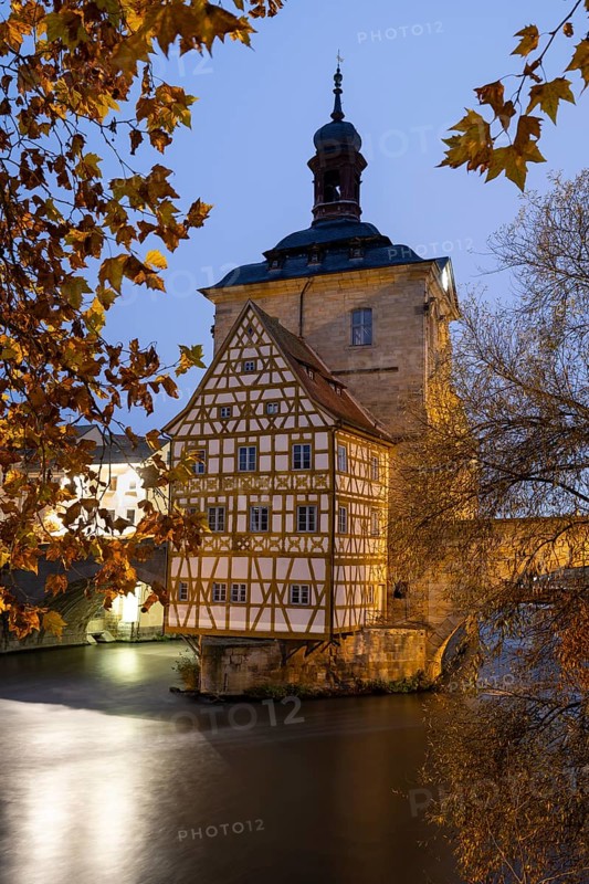 The old town hall on the river Regnitz, Blue Hour, Bamberg, Upper Franconia, Bavaria, Germany, Europe