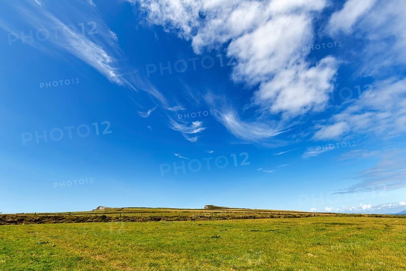 Green meadow, edge of cliff on the horizon, cumulus clouds, cirrus, Kerry Cliffs, panoramic road Skellig Ring, Portmagee, Iveragh Peninsula, County Kerry, Wild Atlantic Way, Ireland, Europe