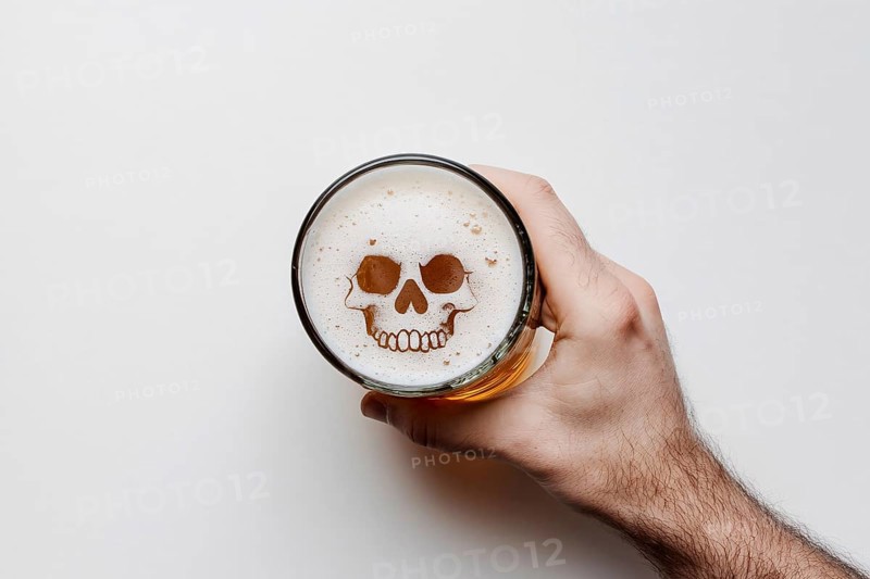 Hand holding beer mug with skull shape in foam. Concept for alcoholism and alcohol related deaths. Generative Ai, AI generated