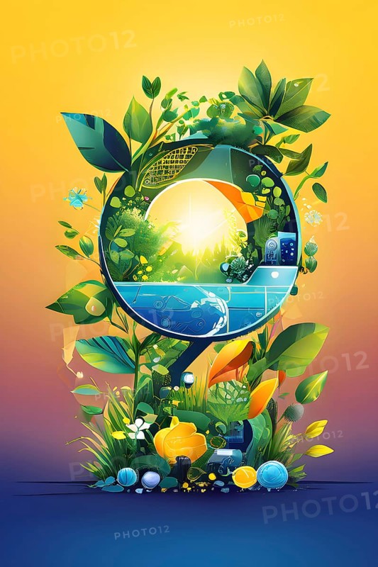 Recycling symbol morphing into growing plants and solar cells to symbolize the transformation of waste into renewable resources, AI generated