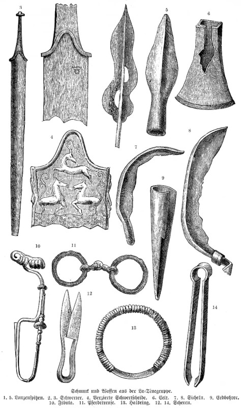 Iron Age jewellery and weapons from the La Tène site, Epagnier, Lake Neuchâtel, spearhead, sword, sickle, auger, horse harness, neck ring, scissors, history of mankind, Switzerland, historical illustration 1880, Europe