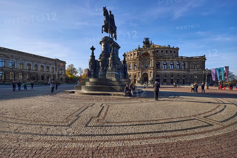 Equestrian statue of King John, Semper Opera House, Semper Gallery, architect Gottfried Semper, neo-Renaissance architectural style, opera house, art gallery, Dresden State Opera, people as accessories, Theatre Square, Dresden, state capital, independent city, Saxony, Germany, Europe