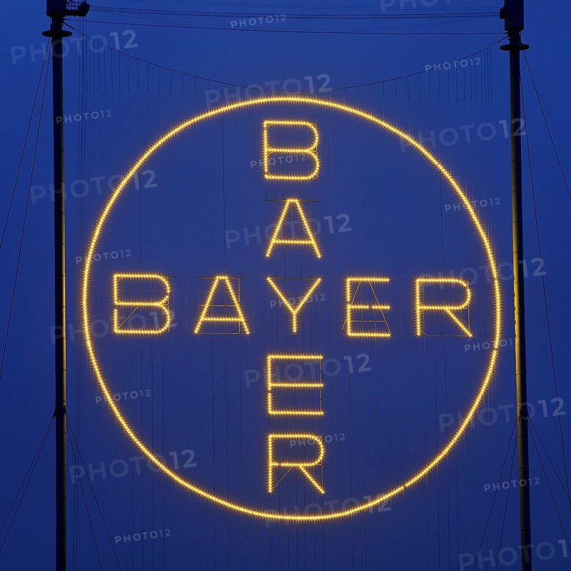 Bayer Cross, the world's largest illuminated sign with 1, 710 LED lights in the evening, Bayer AG, Leverkusen, North Rhine-Westphalia, Germany, Europe