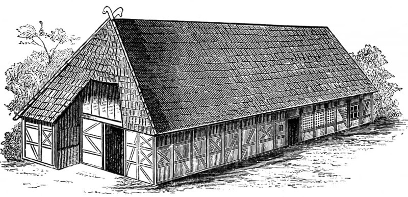Saxon half-timbered house, dwelling house with stables, roof shingles, plank door, hayloft, regional architecture, house type, journey, Saxony, Germany, historical illustration 1885, Europe