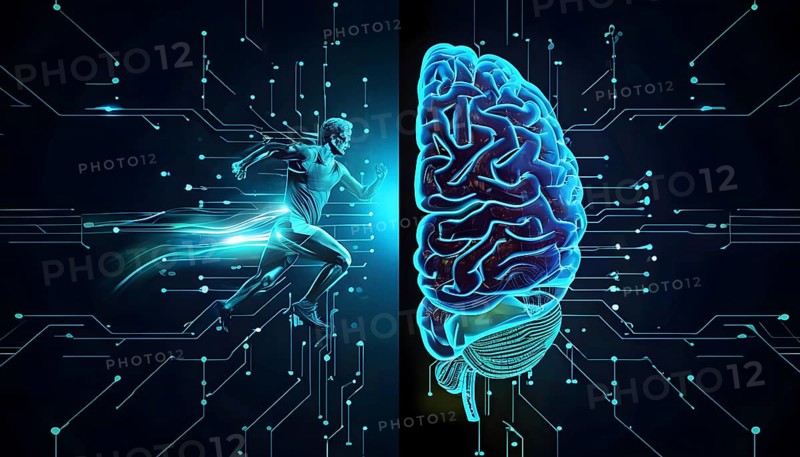Abstract brain split into two halves, one side athletic motion, the other side neural network, vibrant colors, symbol for artificial intelligence in sport, AI generated