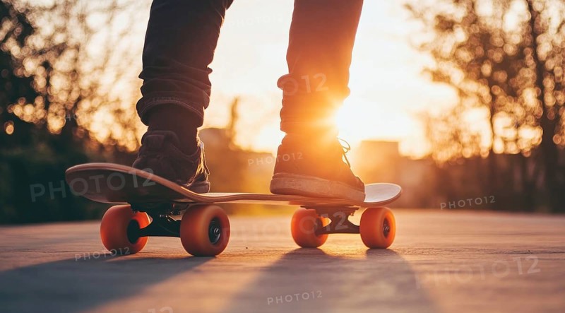 Skateboarder on a skateboard on the city streets at sunset., AI generated
