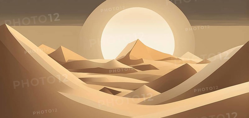 Abstract desert scene with triangular sand dunes and a single circular sun, using sharp lines and subtle gradients in neutral earth tones, AI generated