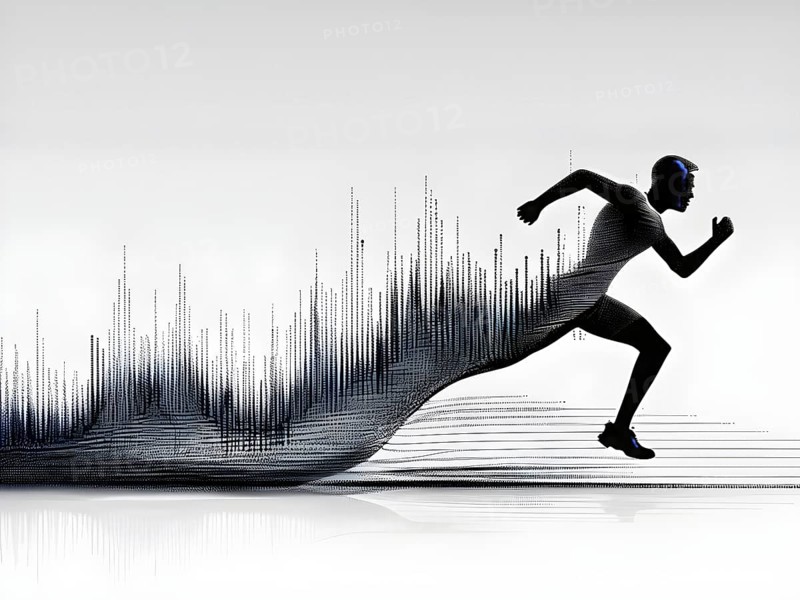 Wave of data points shaping into a runners silhouette, abstract illustration in black and white, conveying speed and precision guided by AI, AI generated