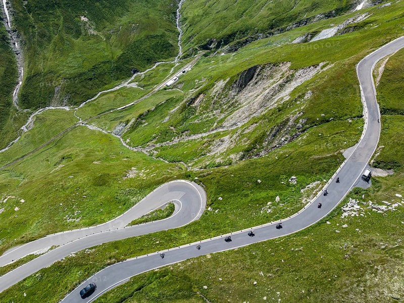 Landscape at the Furka Pass, drone photo. Alpine pass between the canton of Uri and the canton of Valais. Realp, Canton Uri, Switzerland, Europe