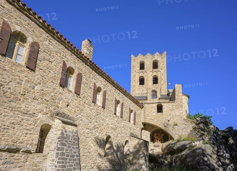 Saint Martin du Canigou Abbey with church tower, Casteil, Département Pyrénées-Oriental, France, Europe