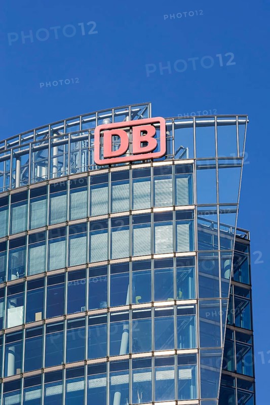 DB Deutsche Bahn logo on the railway tower at Potsdamer Platz in Berlin, Germany, Europe