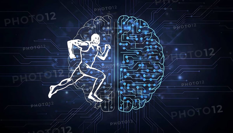 Abstract brain split into two halves, one side athletic motion, the other side neural network, vibrant colors, symbol for artificial intelligence in sport, AI generated