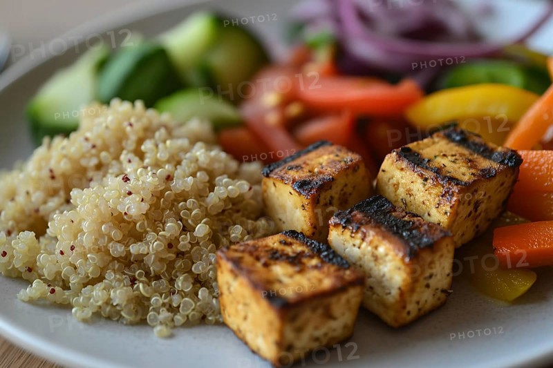 Healthy vegan meal with fried tofu, quinoa and vegetables. Generative Ai, AI generated