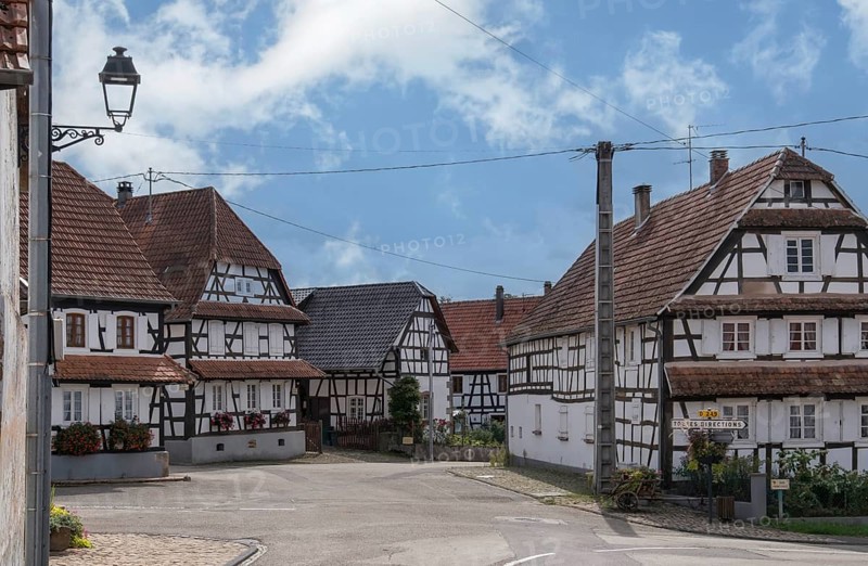 Main street with half-timbered houses, Hunspach, Alsace, France, Europe
