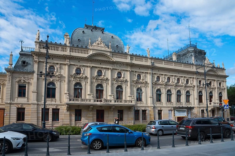 Magnificent historical building with richly decorated facade and baroque elements, in the foreground parked cars and a blue sky with some clouds, Historical Museum in the Palace of Izrael Poznanski, Lódz, Lodz, Lodz, Poland, Europe