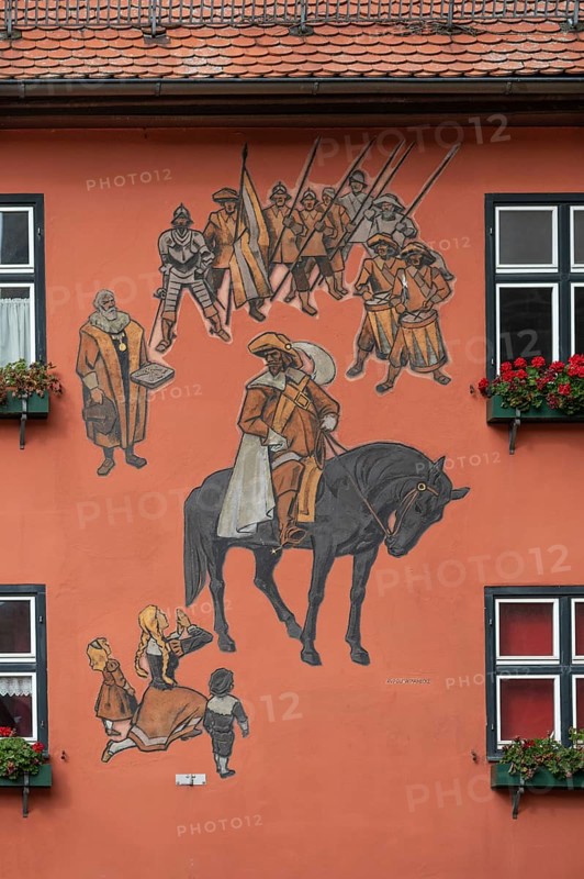 Wall painting on a residential building, showing the Kinderzeche, commemorating the peaceful surrender of the town to the Swedes during the Thirty Years' War, Weinmarkt 2, Dinkelsbühl, Bavaria, Germany, Europe