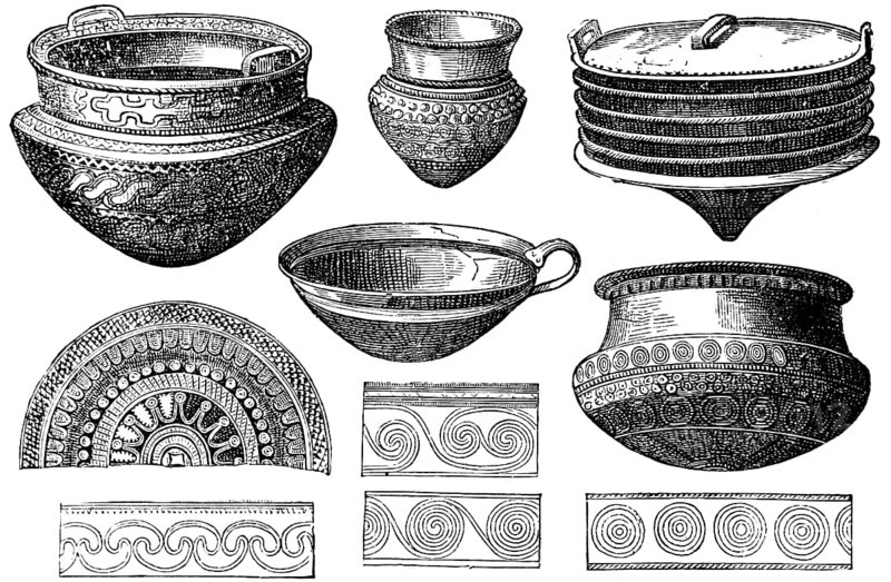 Bronze bowls and hanging urns, urns, numerous decorations, detail, handle, Bronze Age, history of mankind, historical illustration 1880