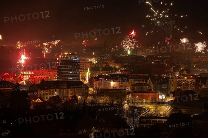 The Staufer town of Göppingen in Baden-Württemberg with New Year's Eve fireworks 2023. View of Lorcher Strasse