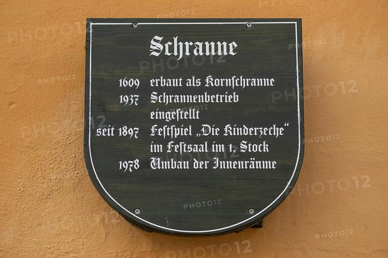 Information sign on the historic Schranne, built in 1609 as a granary, Weinmarkt 7, Dinkelsbühl, Bavaria, Germany, Europe