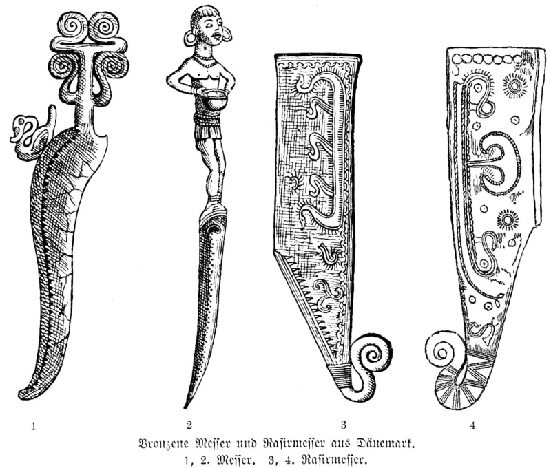 Bronze knives and razors from Denmark, rich ornamentation with animal figures and human figures, shaving, crafts, cutting tools, bronze ore, African woman with earrings and pot, history of mankind, historical illustration 1880