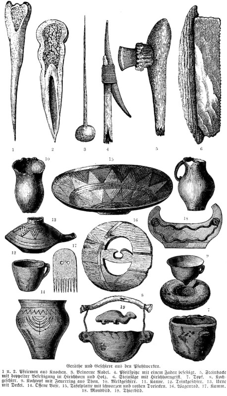 Crafts and kitchen utensils of the prehistoric pile dwellers, some with ornamentation, needle, jug, bowl, crockery, vase, urn, comb, history of mankind, historical illustration 1880