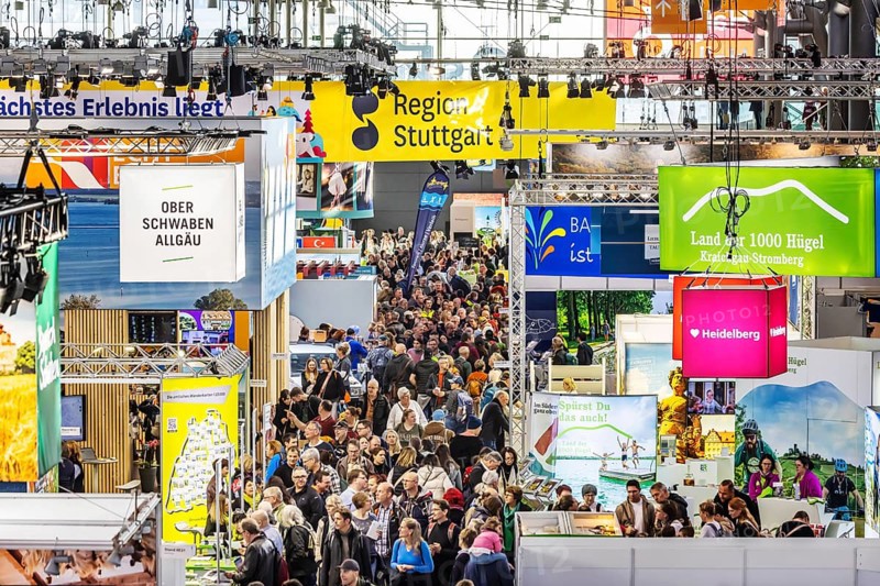 CMT tourism trade fair in Stuttgart. According to the trade fair organiser, the Caravan, Motor, Tourism trade fair is the world's largest public trade fair for travel, tourism and leisure. With 2175 exhibitors, all exhibition halls are fully booked. Stuttgart, Baden-Württemberg, Germany, Europe