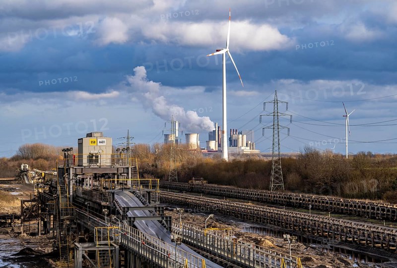 RWE Power lignite power plant Neurath, conveyor belts in opencast mining, for overburden and coal, near Grevenbroich, power plant units, chimneys, cooling towers, North Rhine-Westphalia, Germany, Europe