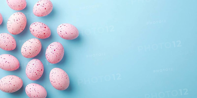 Pastel pink Easter eggs with dots on side of blue background with copy space. Generative AI, AI generated