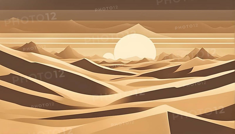 Abstract desert scene with triangular sand dunes and a single circular sun, using sharp lines and subtle gradients in neutral earth tones, AI generated