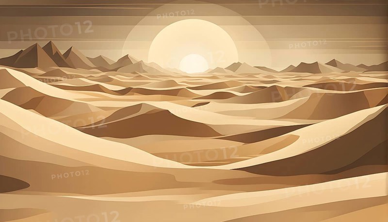Abstract desert scene with triangular sand dunes and a single circular sun, using sharp lines and subtle gradients in neutral earth tones, AI generated