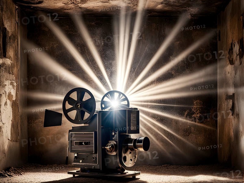 An old movie projector casting flickering images onto a cracked wall, creating a sense of vintage cinema and nostalgia, AI generated