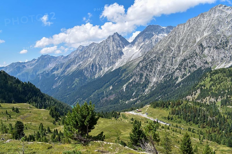 View over the Staller Sattel, the crossing to South Tyrol, to the peaks of Hochgall and Wildgall, Hohe Tauern, East Tyrol, Austria, Europe