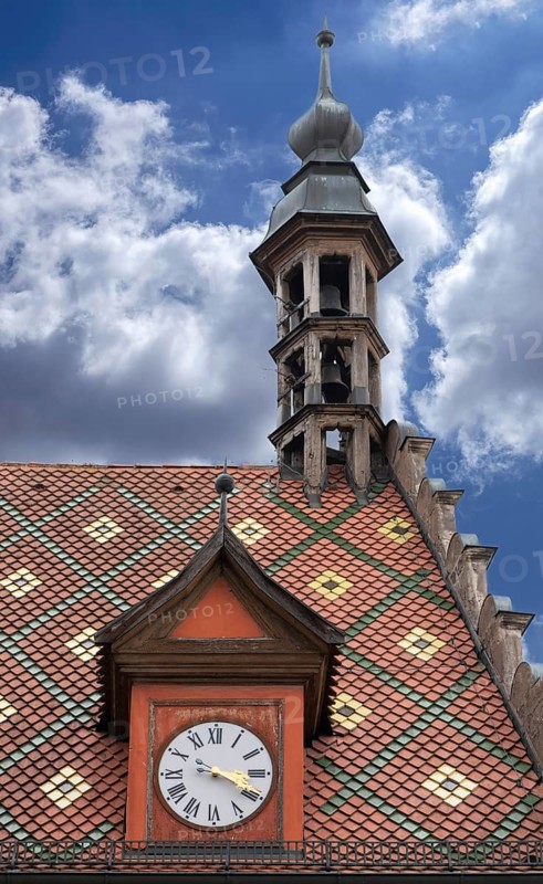 Ornate roof with clock tower and baroque ridge turret, former council drinking parlour, so-called Gustav-Adolf-Haus, built in 1550, now the town library, Segringer Straße 2, Dinkelsbühl, Bavaria, Germany, Europe
