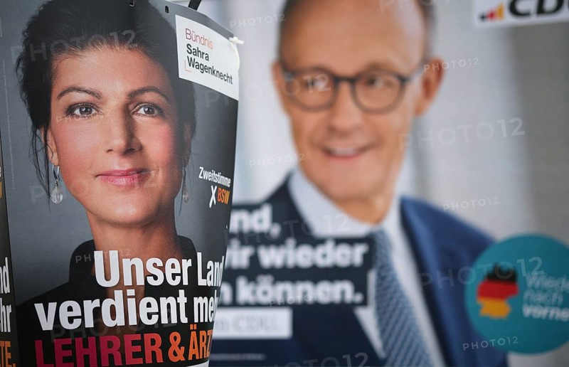Election posters for the Bundestag election on 23 February 2025, CDU, Friedrich Merz, Alliance Sahra Wagenknecht, Fellbach, Baden-Württemberg, Germany, Europe