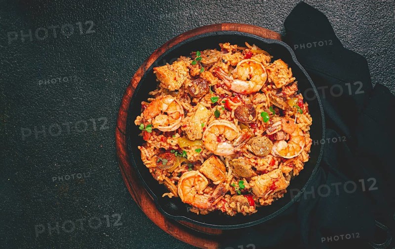 Jambalaya, Creole dish, American pilaf, rice with chicken and shrimp, vegetables, homemade, no people