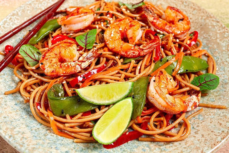 Fried udon noodles with shrimp and vegetables, Asian cuisine, homemade, no people