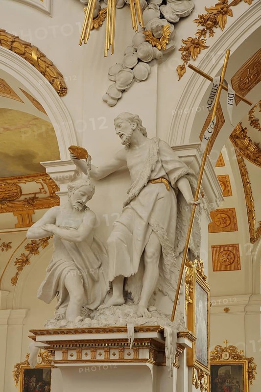 Sculpture Jesus Baptism by John, Rococo, master builder Johann Michael fisherman, John the Baptist, interior view, saint, arts and crafts, decorations, biblical scene, monastery church, St. Peter and Paul, Oberelchingen, Elchingen, Upper Swabia, Swabia, Bavaria, Germany, Europe