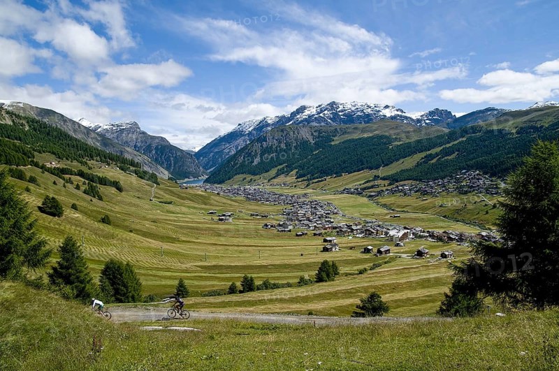 View of the high valley of Livigno, with Lago di Livigno in the background, in the province of Sondrio in Lombardy, Italy, Europe