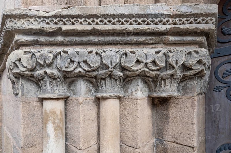 Floral elements on the Romanesque entrance portal, late Gothic church of St George, Weinmarkt, Dinkelsbühl, Bavaria, Germany, Europe