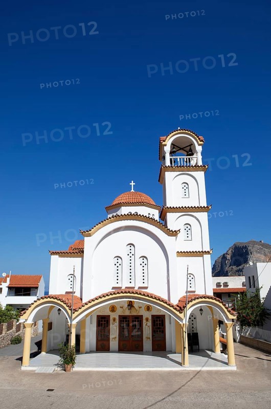 Church in the coastal town of Gefyra, behind the rock of Monemvasia, Monemvassia, Monemwassia, Monembasia, in the Myrtoan Sea, Laconia, Peloponnese, Greece, Europe