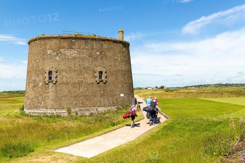 Martello Tower T 1810-1812, Napoleonic War military building on golf course, Felixstowe Ferry, Suffolk, England, UK