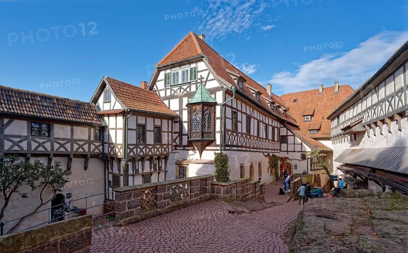 Inner courtyard of Wartburg Castle. The castle near Eisenach, in the north-western Thuringian Forest, was listed as a UNESCO World Heritage Site in 1999. Eisenach, Thuringia, Germany, Europe