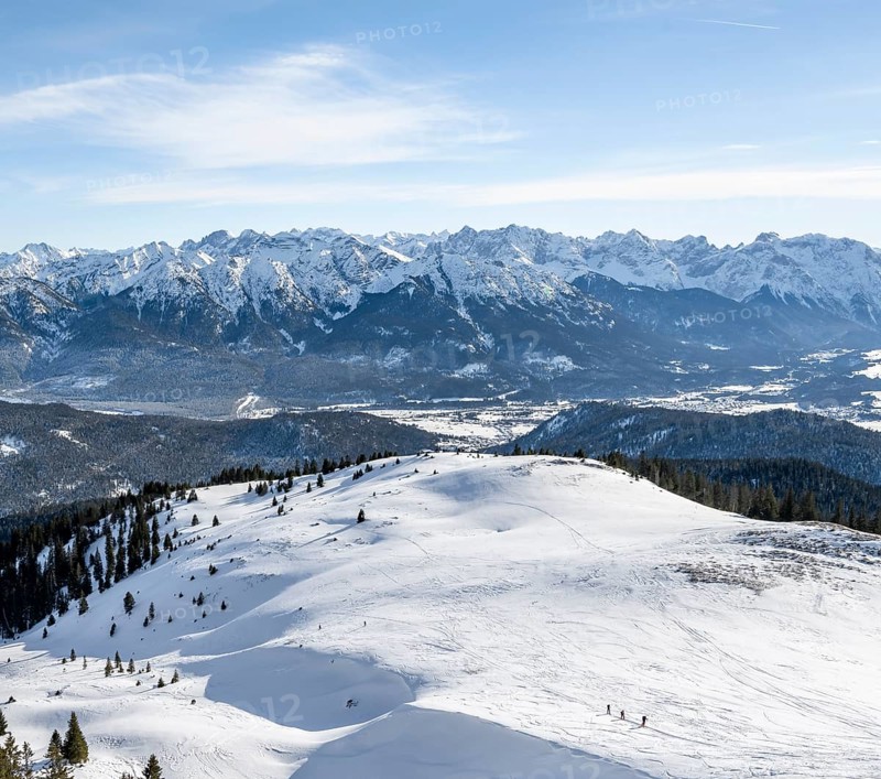 View of mountain panorama in winter, summit of Simetsberg, Estergebirge, Bavarian Prealps, Bavaria Germany