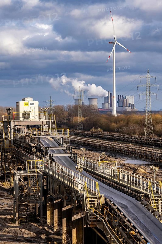 RWE Power lignite power plant Neurath, conveyor belts in opencast mining, for overburden and coal, near Grevenbroich, power plant units, chimneys, cooling towers, North Rhine-Westphalia, Germany, Europe