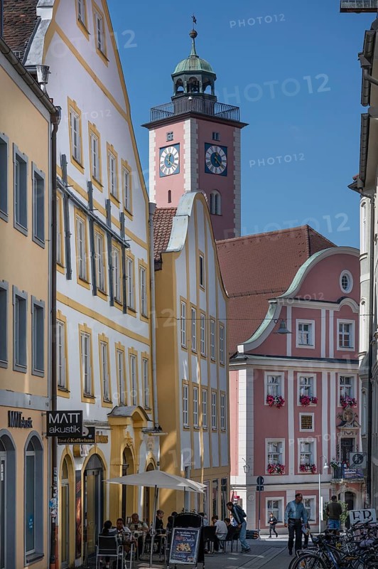 Historic houses in the Marktgasse, behind the town hall tower, Eichstätt, Upper Bavaria, Germany, Europe